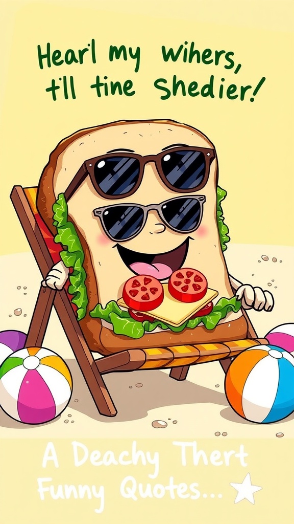 A cartoon sandwich character with sunglasses on a beach, surrounded by beach balls.